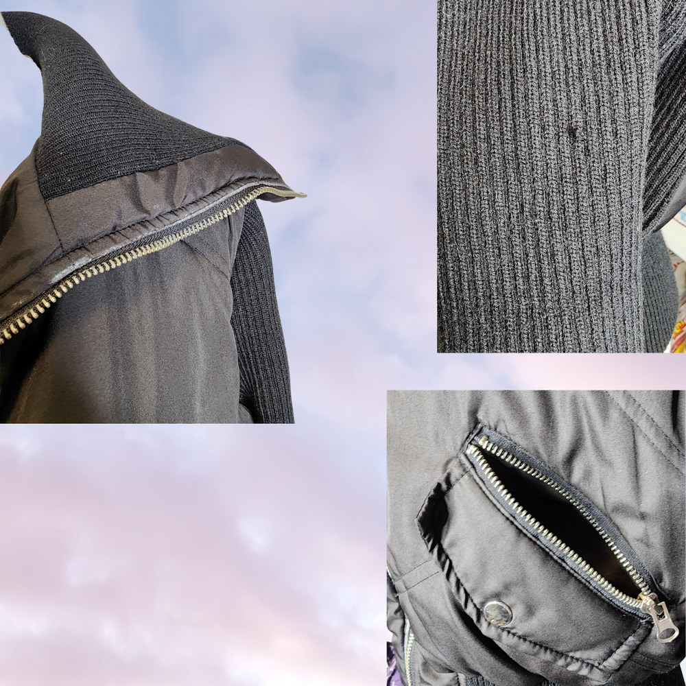 Y2k Vtg Ashley International Black Zip Grunge Puffer Ribbed Knit Sleeve Jacket L - Picture 4 of 5